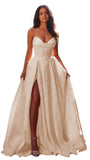 Jacquard Satin Prom Dresses with Slit Strapless Corset A Line Long Formal Gowns