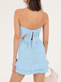Women's Sexy Tube Top Bodycon Mini Dress Strapless Ruffle Bow Back Ruched Party Short Dresses
