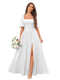 Square Neck Bridesmaid Dresses with Slit Pockets Flutter Sleeve Long Chiffon Formal Wedding Guest Dress