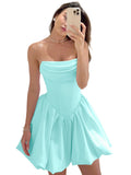 Satin Flower Bud Homecoming Dress Short Prom Dress Cowl Neck Pleated A Line Mini Cocktail Party Gown