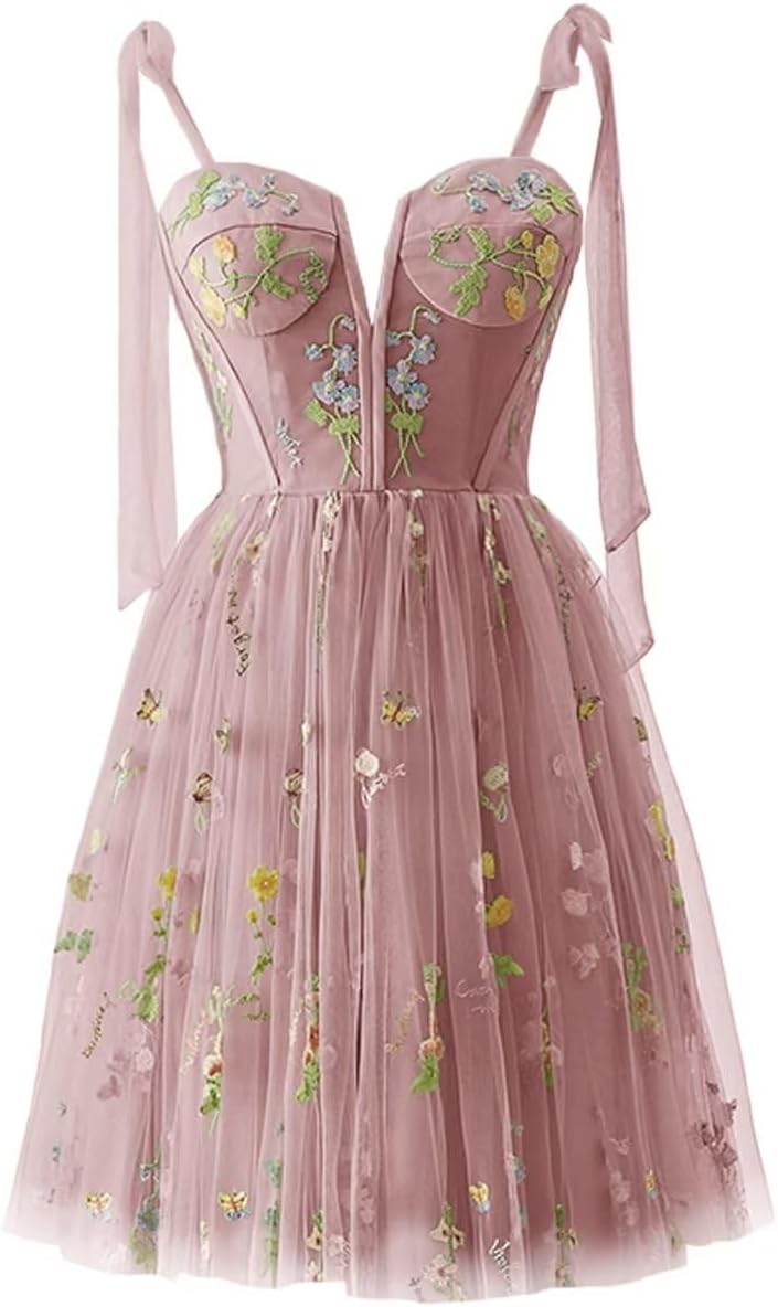 Vestidos de fiesta para mujer, con tirantes finos, cortos, bordados de flores, tul, vestidos formales 