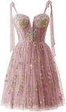 Vestidos de fiesta para mujer, con tirantes finos, cortos, bordados de flores, tul, vestidos formales 
