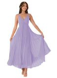 V-Neck Pleated Bridesmaid Dresses for Women Chiffon Spaghetti Straps Pleates Long Formal Wedding Guest Dress