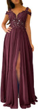 Women's Lace Appliques Prom Dresses Long with Slit Cold Shoulder Formal Party Gown