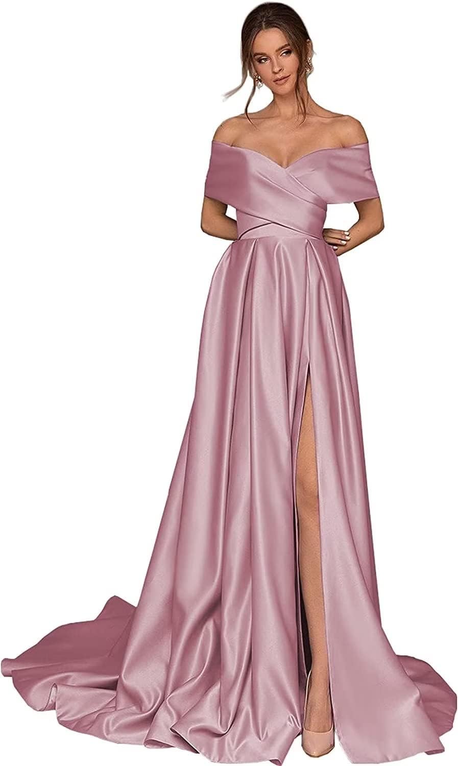 Women's Off Shoulder Long Prom Dresses with Slit 2025 Satin A-Line Sweetheart Corset Formal Evening Dresses with Pockets
