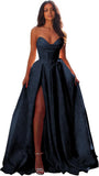 Jacquard Satin Prom Dresses with Slit Strapless Corset A Line Long Formal Gowns
