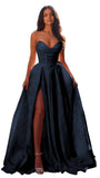 Jacquard Satin Prom Dresses with Slit Strapless Corset A Line Long Formal Gowns