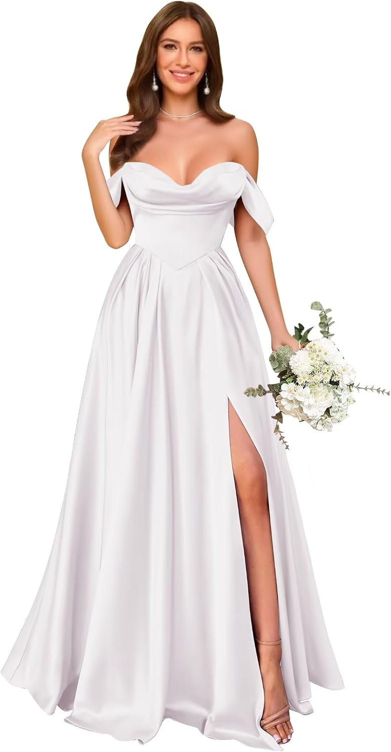 Off Shoulder Satin Bridesmaid Dresses Long Pleated Formal Dresses A Line Evening Gowns with Slit