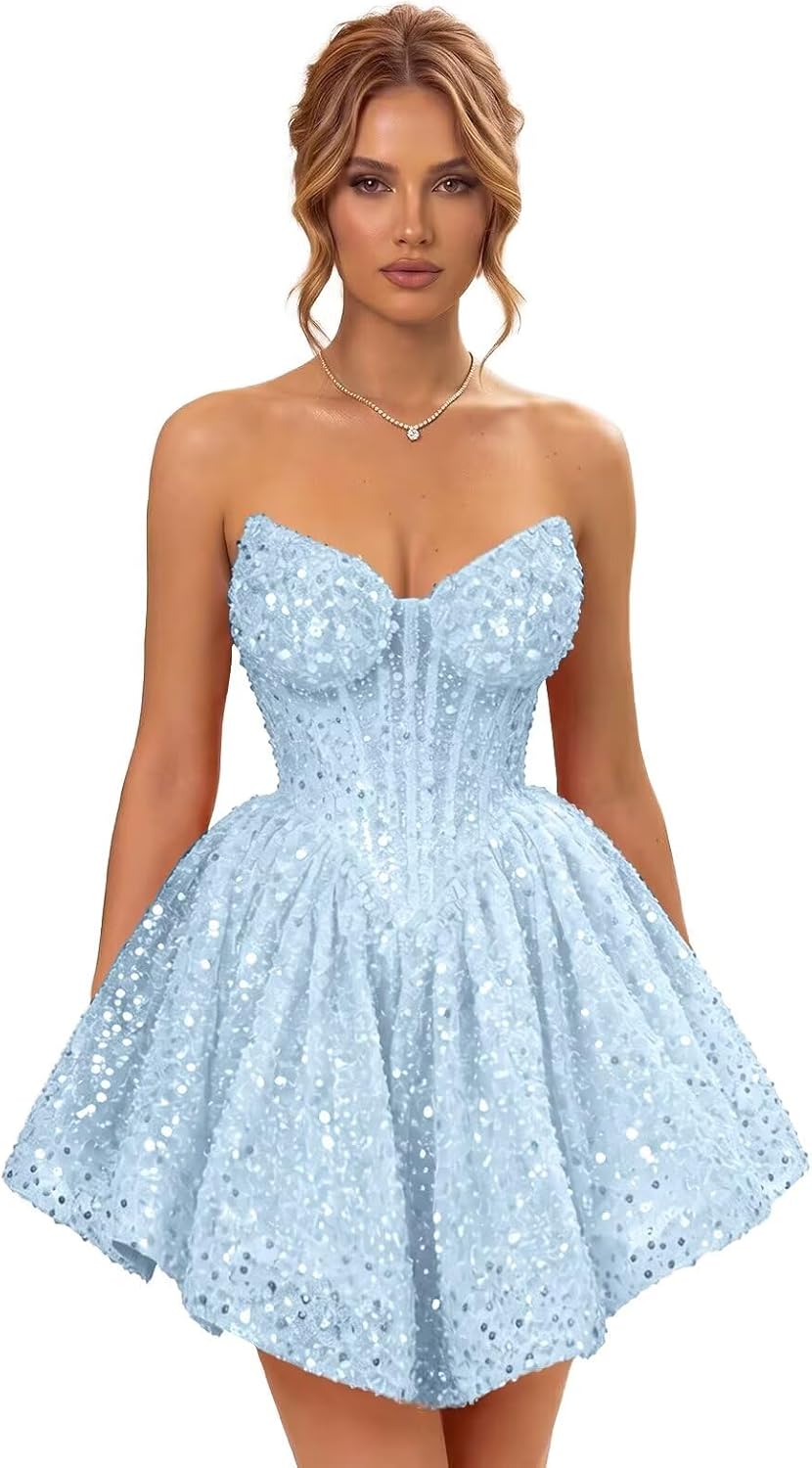 Strapless Sequin Homecoming Dresses for Teens 2026 Sparkly A-line Short Prom Dress Corset Cocktail Party Gowns