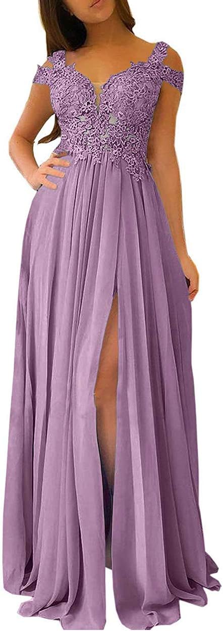 Women's Lace Appliques Prom Dresses Long with Slit Cold Shoulder Formal Party Gown
