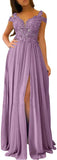 Women's Lace Appliques Prom Dresses Long with Slit Cold Shoulder Formal Party Gown
