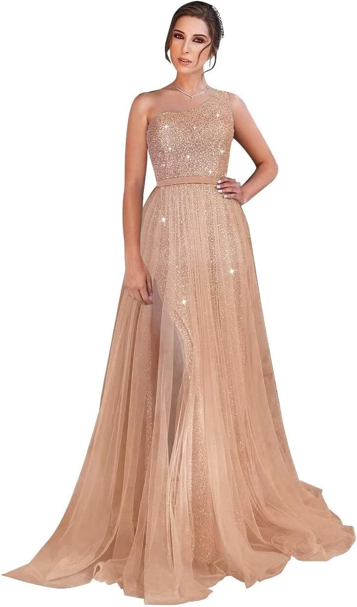 One-Shoulder-Ballkleid mit Pailletten, formelle Kleider für Damen, funkelnde Abendkleider, Tüll-Ballkleid 