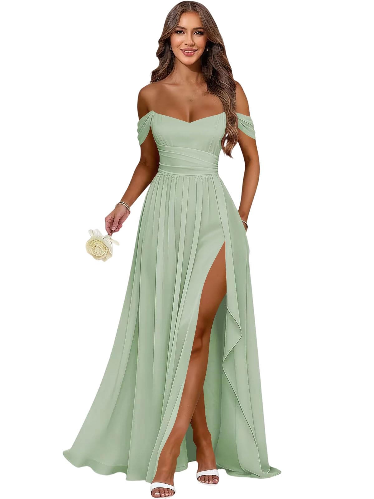 Women's Long Chiffon Bridesmaid Dresses with Slit Off Shoulder A-Line Formal Prom Evening Gown Maxi Wedding Guest Dress