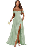 Women's Long Chiffon Bridesmaid Dresses with Slit Off Shoulder A-Line Formal Prom Evening Gown Maxi Wedding Guest Dress