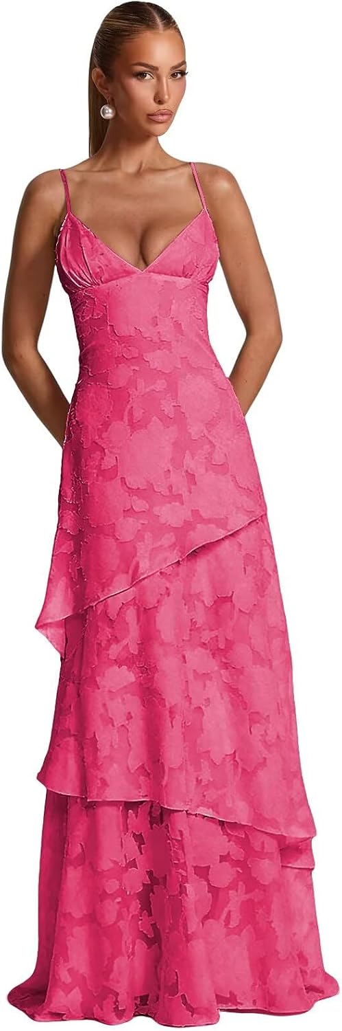 Spaghetti Strap Floral Bridesmaid Dresses for Women Tiered Ruffle A-Line Long Formal Prom Dress