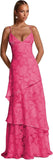 Spaghetti Strap Floral Bridesmaid Dresses for Women Tiered Ruffle A-Line Long Formal Prom Dress