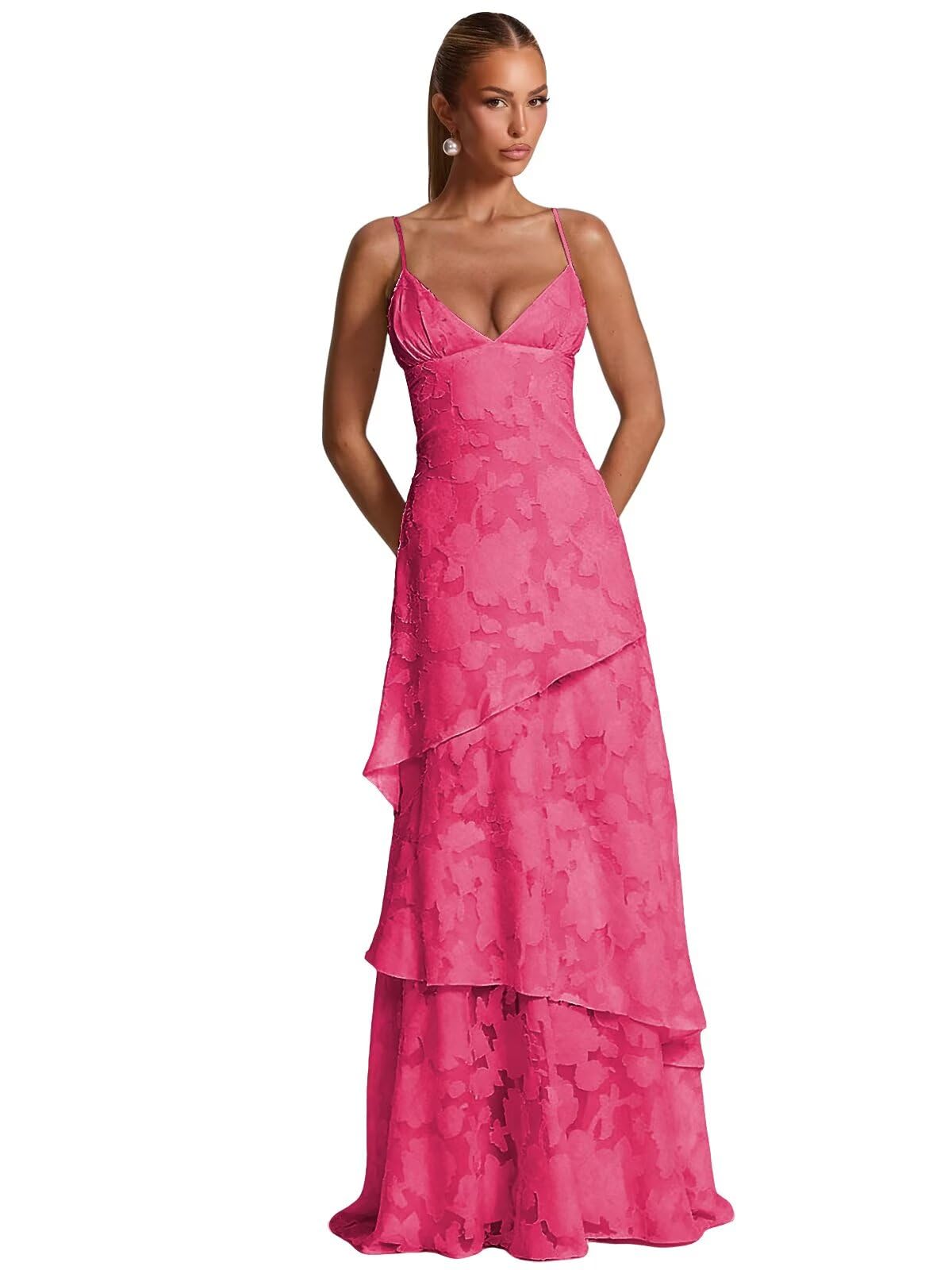Spaghetti Strap Floral Bridesmaid Dresses for Women Tiered Ruffle A-Line Long Formal Prom Dress
