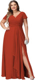 Vestidos de dama de honor de talla grande con mangas con volantes y bolsillos, vestido formal largo con escote en V y abertura. 