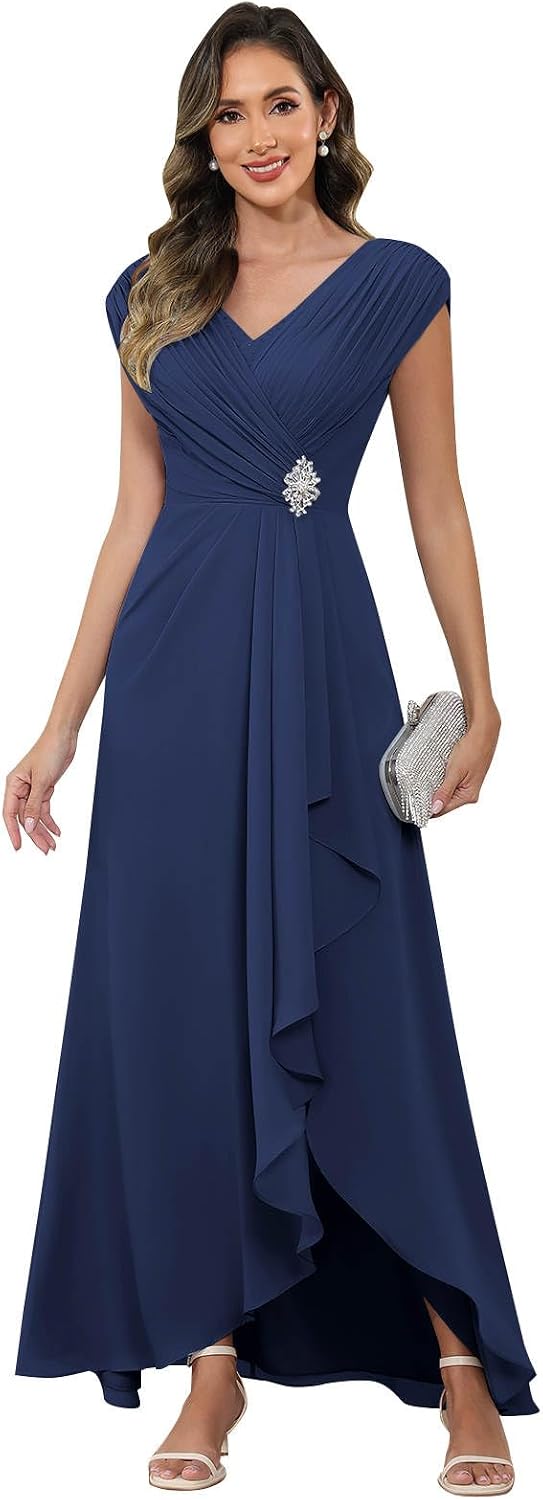 Cap Sleeve Mother of The Bride Dresses Chiffon V Neck Beaded Ruffles A Line Long Formal Evening Dress
