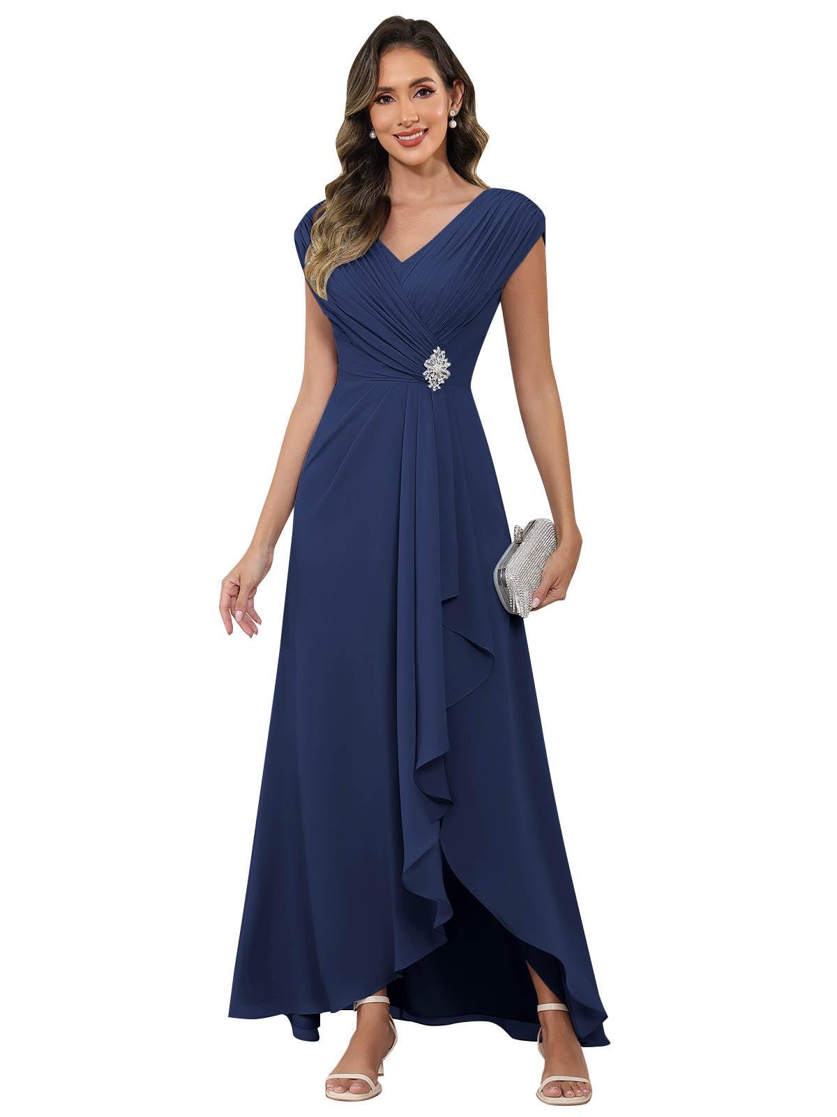 Cap Sleeve Mother of The Bride Dresses Chiffon V Neck Beaded Ruffles A Line Long Formal Evening Dress