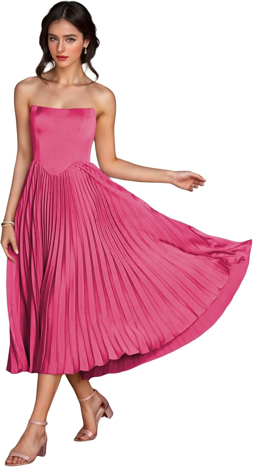 Women's Strapless Bridesmaid Dresses for Womens Tea Length Ruffle Satin Formal Prom Dress