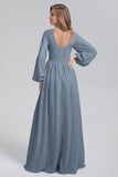 Womens V-Neck Long Sleeve Bridesmaid Dresses with Slit 2024 Ruched A-line Chiffon Prom Formal Dresses