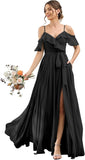 Women's Bridesmaid Dresses with Slit Long Cold Shoulder Chiffon Formal Party Dress with Pockets