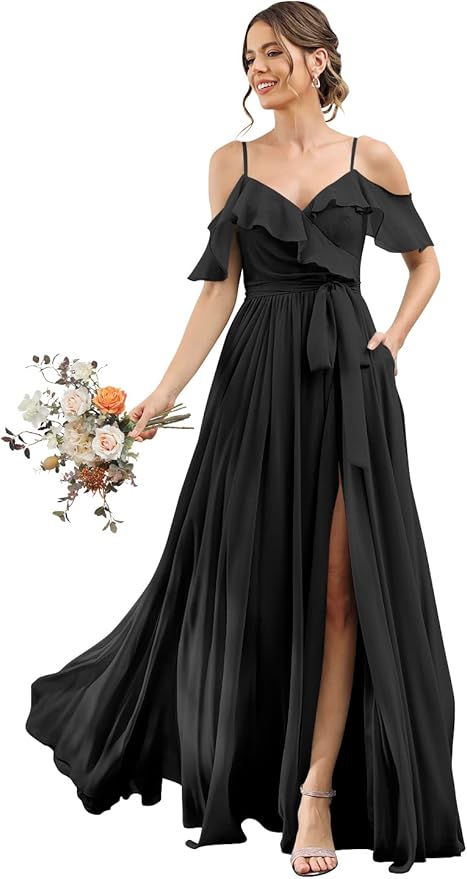 Women's Bridesmaid Dresses with Slit Long Cold Shoulder Chiffon Formal Party Dress with Pockets