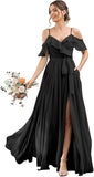 Women's Bridesmaid Dresses with Slit Long Cold Shoulder Chiffon Formal Party Dress with Pockets