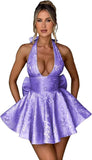 Satin Halter Homecoming Dresses for Teens 2027 V Neck Jacquard A-line Short Prom Cocktail Gowns with Bow