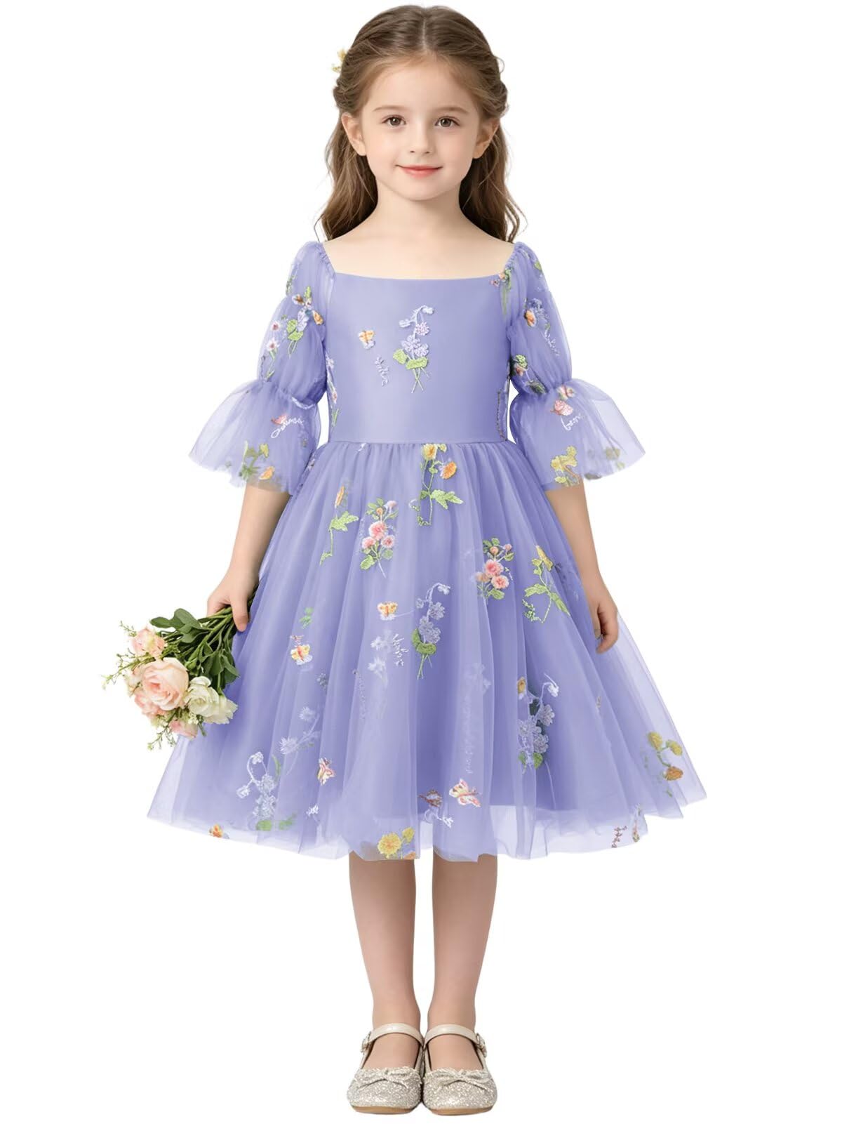 Floral Embroidery Flower Girl Dress Puff Sleeve Birthday Party Gown Girls Tulle A-Line Short Wedding Guests Dresses