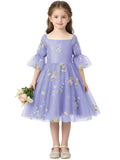 Floral Embroidery Flower Girl Dress Puff Sleeve Birthday Party Gown Girls Tulle A-Line Short Wedding Guests Dresses