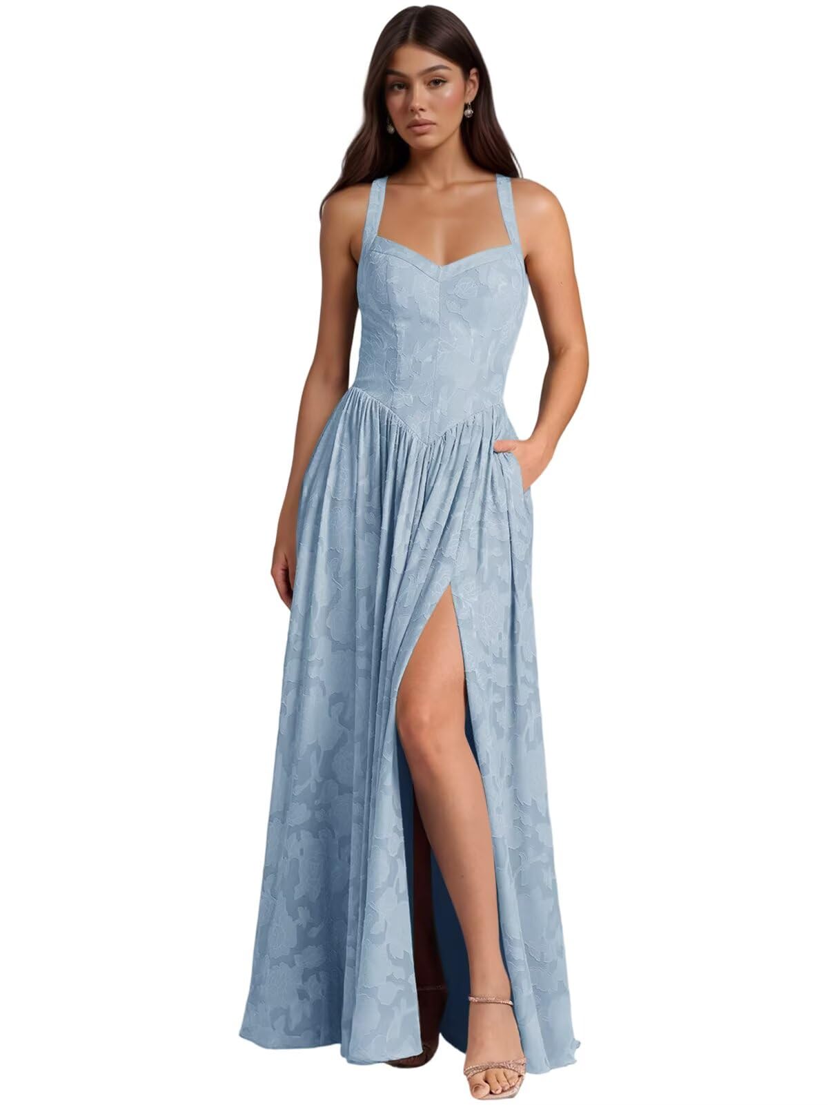 Jacquard Floral Lace Wedding Guest Dress Long Slit A Line Bridesmaid Dresses with Pockets Formal Gown