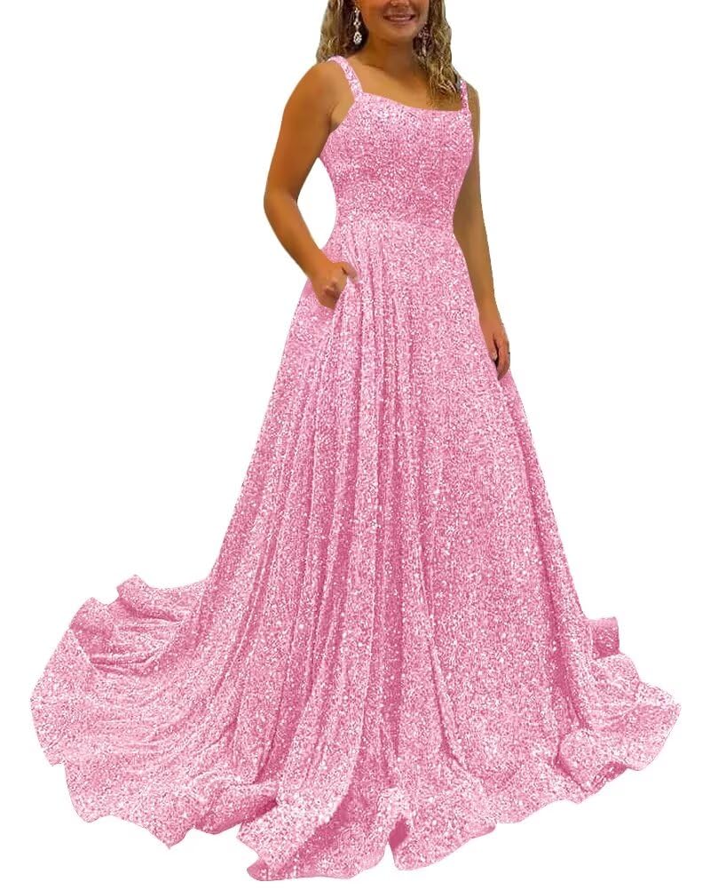 Kingbridal Gowns Spaghetti Straps Prom Dresses Long for Women 2026 A Line Sequin Satin Formal Evening Party Ball Gowns with Slit