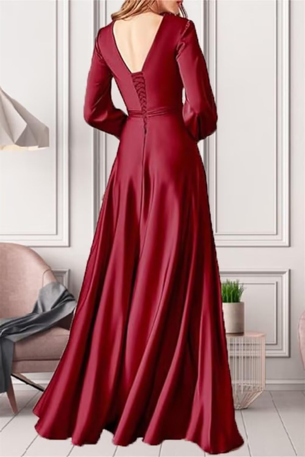 Kingbridal Gowns Long Sleeve Satin Bridesmaid Dresses for Women Long A-Line V-Neck Pleated Formal Evening Party Ball Gown with Slit