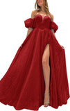 Tulle Prom Dresses for Women 2027 Sparkly Puffy Sleeves Long Ball Gowns with Slit A-Line Evening Dresses
