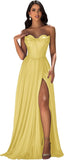 Strapless Prom Dress with Slit Satin A Line Long Ball Gowns for Women Sweetheart Corset Formal Dress with Pockets