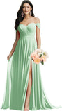 Schulterfreies Brautjungfernkleid für die Hochzeit, gerüschtes Chiffon-Split-Abendkleid mit Taschen 