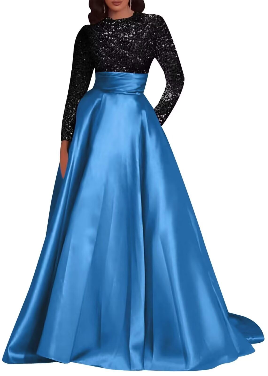 Kingbridal Gowns Long Sleeve Sequin Prom Dresses for Women Satin A-line Formal Dress 2026 Sparkly Evening Party Gowns with Pockets