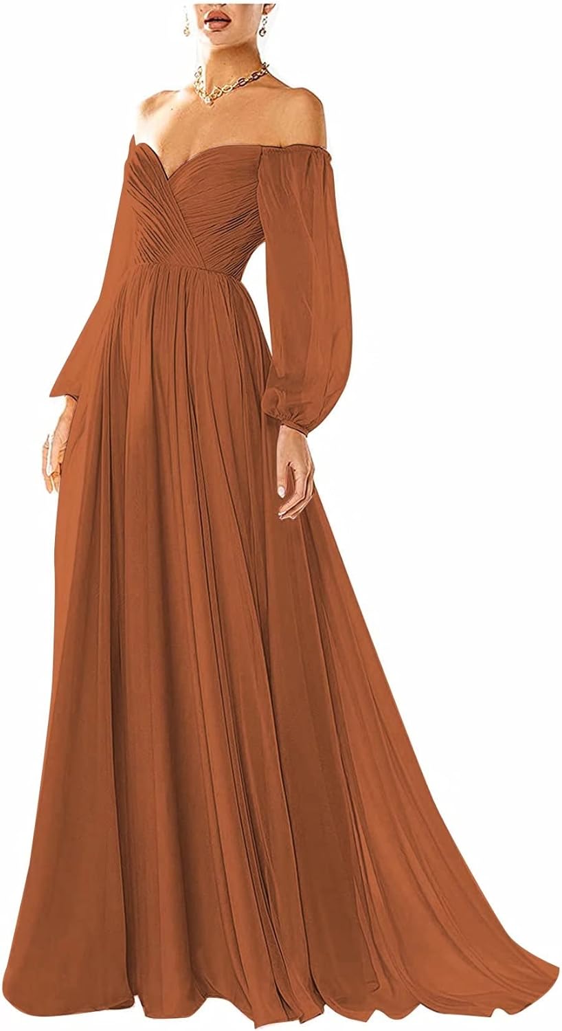 Vestido de fiesta con hombros descubiertos, manga larga, estilo formal, plisado, corte A, para mujer