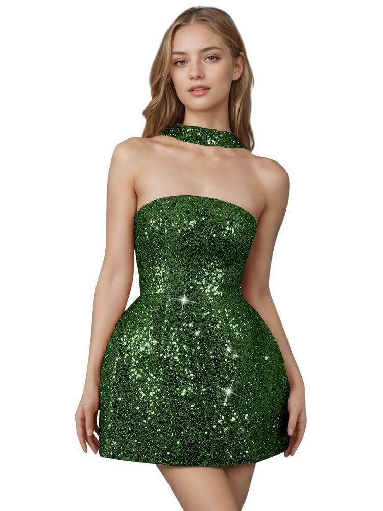 Strapless Sequin Homecoming Dresses for Teens Short Prom Dress Sparkly A-Line Cocktail Party Gowns with Pockets