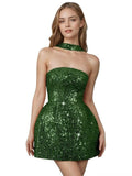 Strapless Sequin Homecoming Dresses for Teens Short Prom Dress Sparkly A-Line Cocktail Party Gowns with Pockets