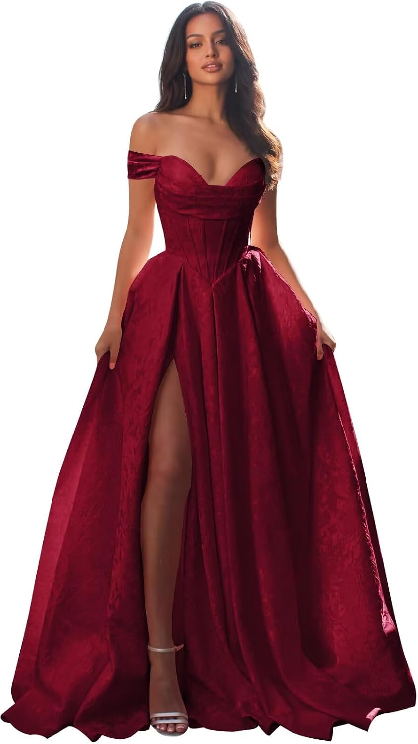 Jacquard Satin Prom Dresses Off the Shoulder Corset A Line Long Formal Gown Sweetheart Neck Party Dress with Slit
