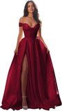 Jacquard Satin Prom Dresses Off the Shoulder Corset A Line Long Formal Gown Sweetheart Neck Party Dress with Slit