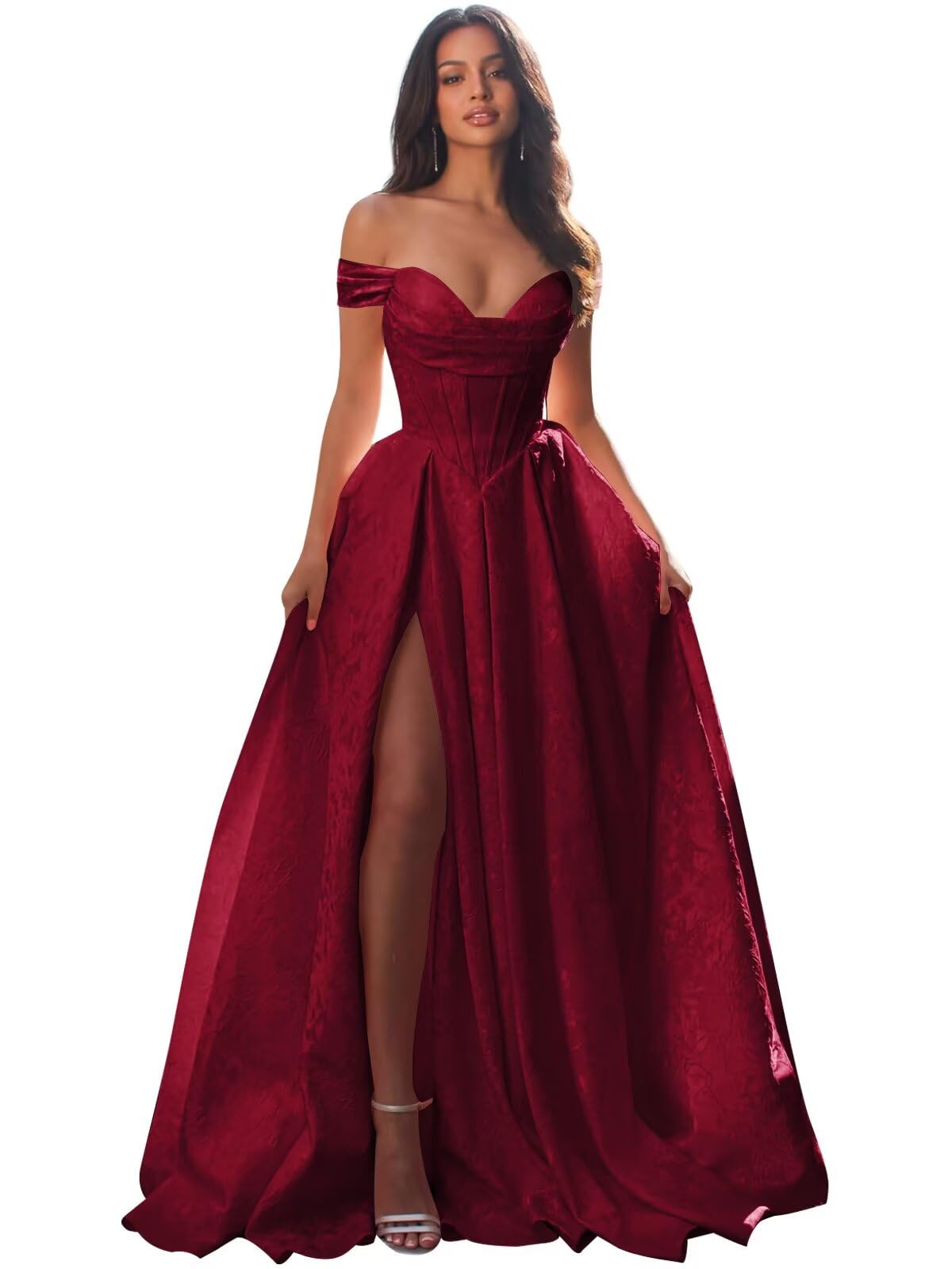 Jacquard Satin Prom Dresses Off the Shoulder Corset A Line Long Formal Gown Sweetheart Neck Party Dress with Slit