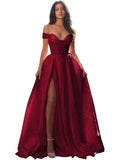 Jacquard Satin Prom Dresses Off the Shoulder Corset A Line Long Formal Gown Sweetheart Neck Party Dress with Slit