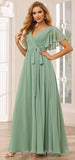 Damen Brautjungfernkleider mit Flatterärmeln, lang, mit Taschen, V-Ausschnitt, Chiffon, formelle Kleider 