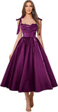 Satin Prom Dresses for Women Spaghetti Straps Corset A-Line Ball Formal Gowns Tea Length with Pockets