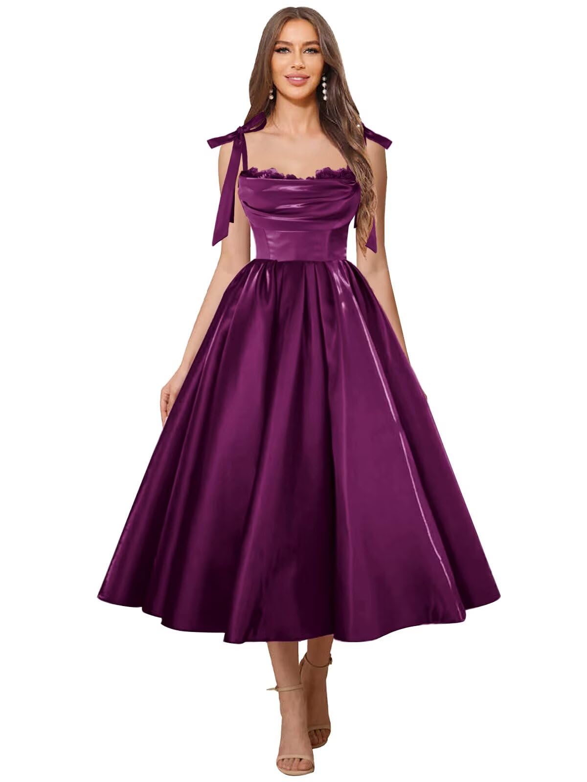 Satin Prom Dresses for Women Spaghetti Straps Corset A-Line Ball Formal Gowns Tea Length with Pockets