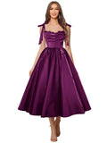 Satin Prom Dresses for Women Spaghetti Straps Corset A-Line Ball Formal Gowns Tea Length with Pockets
